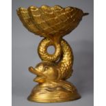 An Italian Gilt Decorated Table Centre in the Form of Dolphin Supporting Shell, 25m high