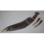 A Vintage Kukri Knife with Brass Inlaid Wooden Handle and Two Matching Daggers, Blade 31cm Long