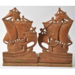 A Pair of Mid 20th Century Teak Bookends in the Form of Tall Ships, "From the Teak of HMS Warspite",