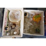 Two Boxes of Glasswares to Inlcude Decanters, Perfume Atomiser, Paperweight, Storage Jars etc