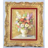 A Gilt Framed French Oil on Board, Still Life, Vase of Flowers, Signed P Feron, 26cm high