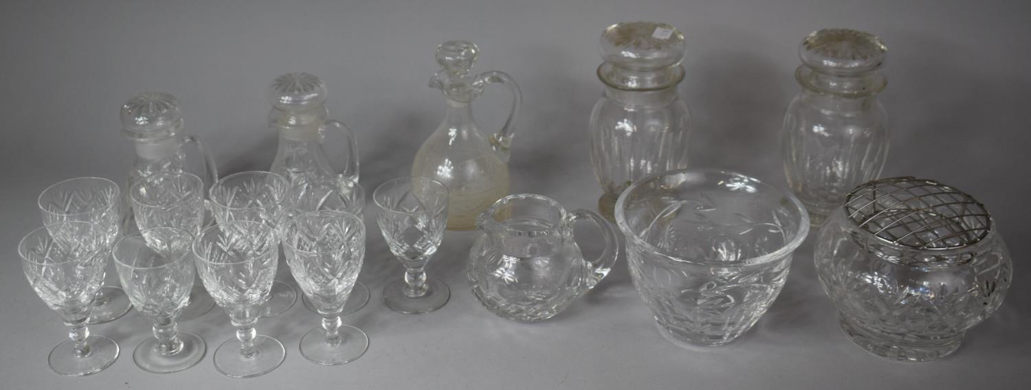 A Collection of Glassware to include Sherries, Noggin Decanters, Bowls Etc