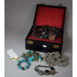 A Mid 20th Century Leather Covered Jewellery Box Containing Costume Jewellery