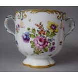 A Hand Painted Continental Two Handled Vase Decorated with Flowers and Gilt Rim, Handles AF, 17cm