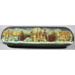 A Russian Lacquered Oval Box Decorated in Multi Coloured Enamels, Signed and Titled. 16.5cm Long