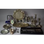A Collection of Metalwares to include Two Branch Candelabra, Cruet Set, Cutlery Etc