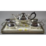 An Edwardian Galleried Silver Plated Porcelain Based Drinks Tray Together with a Silver Plated Three