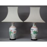 A Pair of Chinese Vase Shaped Table Lamps with Shades Decorated with Lilies