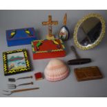 A Collection of Curios to Include Two Painted Boxes, Crucifix, Oval Easel Back Mirror, Miniature