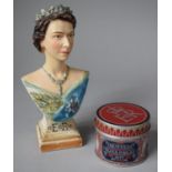 A Coronation Plaster Figure, Queen Elizabeth and a Modern Silver Jubilee Tin, Figure 19cm high