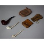 A Briarwood Pipe, Two Clay Pipes, Leather Tobacco Purses etc