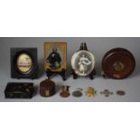 A Collection of Curios to Include Framed Photograph and Miniature, Leather Cased Tape Measure,
