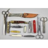 A Collection of Various Vintage Penknives, Scissors, Hunting Knife