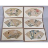 A Set of Six Oriental Fan Shaped Prints Depicting Butterflies and Flowers, Each 46cm wide