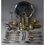 A Collection of Silver Plated Metalwares to include Two Handled Circular Tray, Six Bottle Cruet on