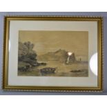 A Framed Pencil Sketch of Scarborough Bay with Rowing Boat in Foreground and Sailing Ships in