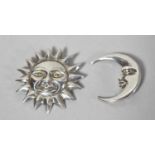 Two Silver Brooches, Sun and Moon, Stamped 925 Silver
