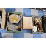 Three Boxes Containing Salters Scales, Footstool, Graduated Tankards, Glasswares, Silver Plate etc