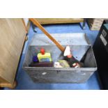 A Galvanised Lidded Box Containing Cleaning Materials and Yard Rule