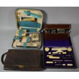 A Cased Vintage Manicure Set, Crocodile Skin Handbag c.1928, Leather Cased Gents Travelling Set