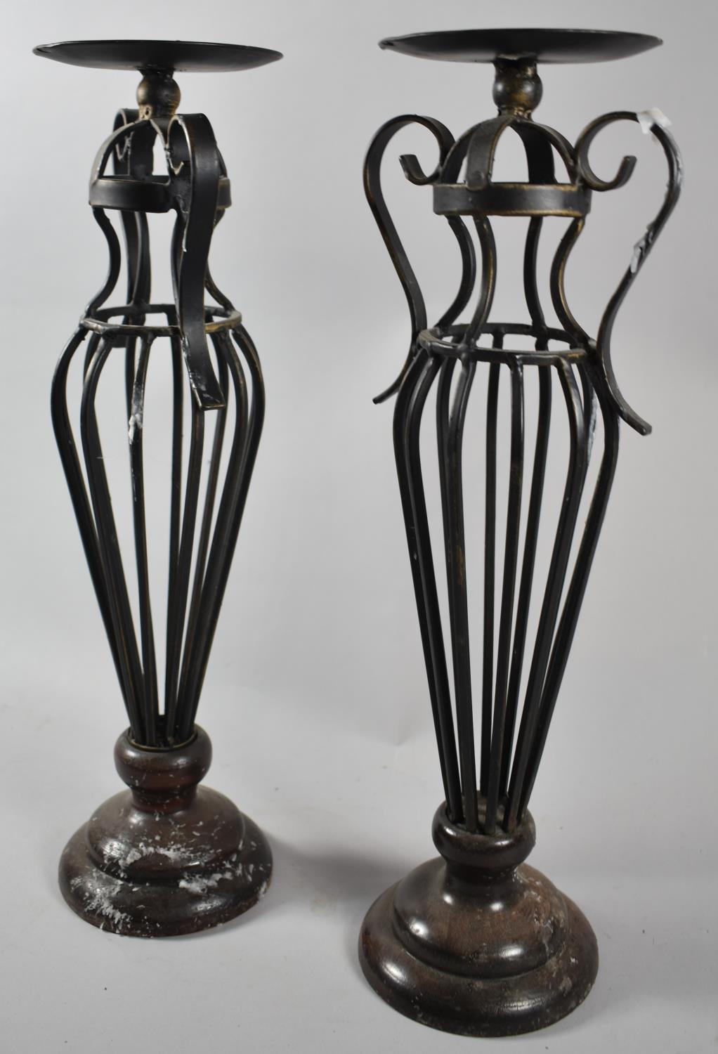 A Pair of Wrought Iron Candle Pricket Stands of Vase Form, 45cm high