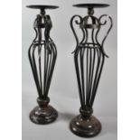 A Pair of Wrought Iron Candle Pricket Stands of Vase Form, 45cm high