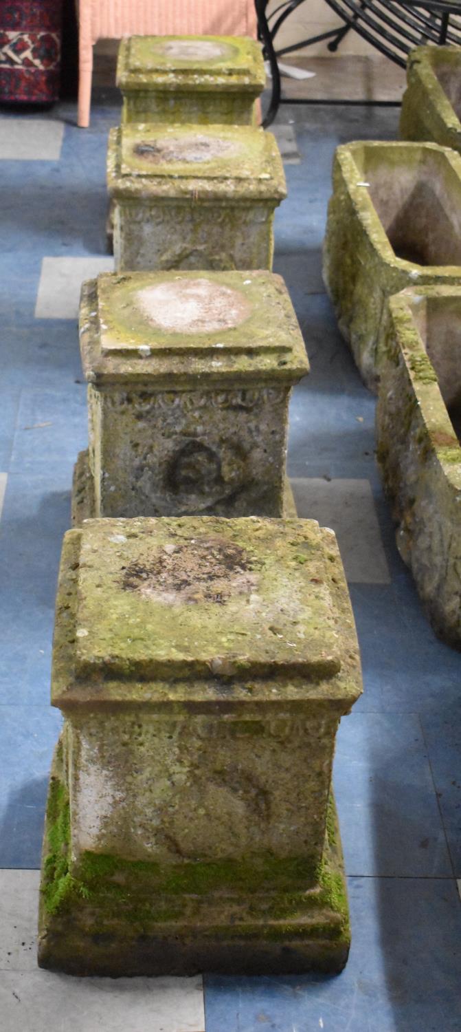 A Collection of Four Reconstituted Stone Garden Figure Plinths, Moulded Decoration, Each 31cm Square