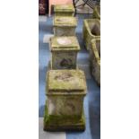 A Collection of Four Reconstituted Stone Garden Figure Plinths, Moulded Decoration, Each 31cm Square