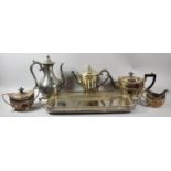 A Rectangular Silver Plated Pierced Gallery Tray with Three Piece Sheffield Plated Teaservice,