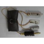 A Shot Gun Cleaning Brush, Hudson Whistle with War Deparment Stamp and Small Leather Pouch