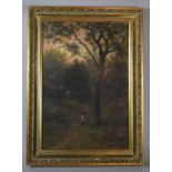 A Framed Oil on Board Depicting Lady Gathering Sticks in Wood, 31cm high