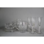 A Tray of Glassware to Include Five Modern Air Twist Champagne Flutes, Cut Glass Water Jug, Heavy