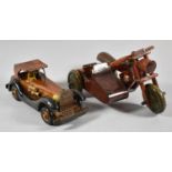 A Wooden Model of a Vintage Car and a Similar Motorcycle and Side Car
