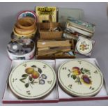 A Box Containing Various Cottons and Sewing Accessories, Rug Making Tools, Table Mats, Magnifier Etc