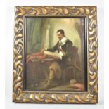 A Framed Continental Oil on Board Depicting Seated Soldier Reading Book with Pistol on Table, 33cm