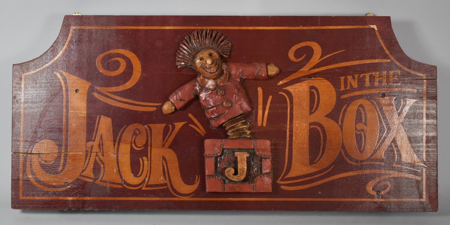 A Reproduction Wooden Toy Shop Sign, "Jack in the Box", 58cm wide