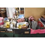 Three Boxes of Ceramics, Glassware Artificial Flowers etc