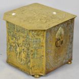 A Mid 20th Beaten Brass Square Coal Box with Two Ring Handles and Metal Liner, 34cm cm Wide