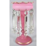 A Late Victorian Single Lustre in Opaque Pink Glass with Plain Droppers, 30cm high