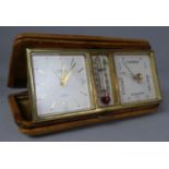 A Mid 20th Century Leather Cased Travel Clock with Thermometer and Barometer, 12cm wide