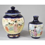 Two Pieces of Japanese Cobalt Blue Satsuma Ware to Include Lidded Vase and Smaller Bottle Vase