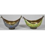 A Pair of North Indian Enamelled Boat Shaped Bowls with Bird Finials, Each 13.5cm long