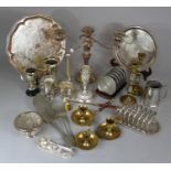 A Tray of Metalwares to include Sheffield Plate Candelabra, Galleried Circular Tray, Selangor Pewter