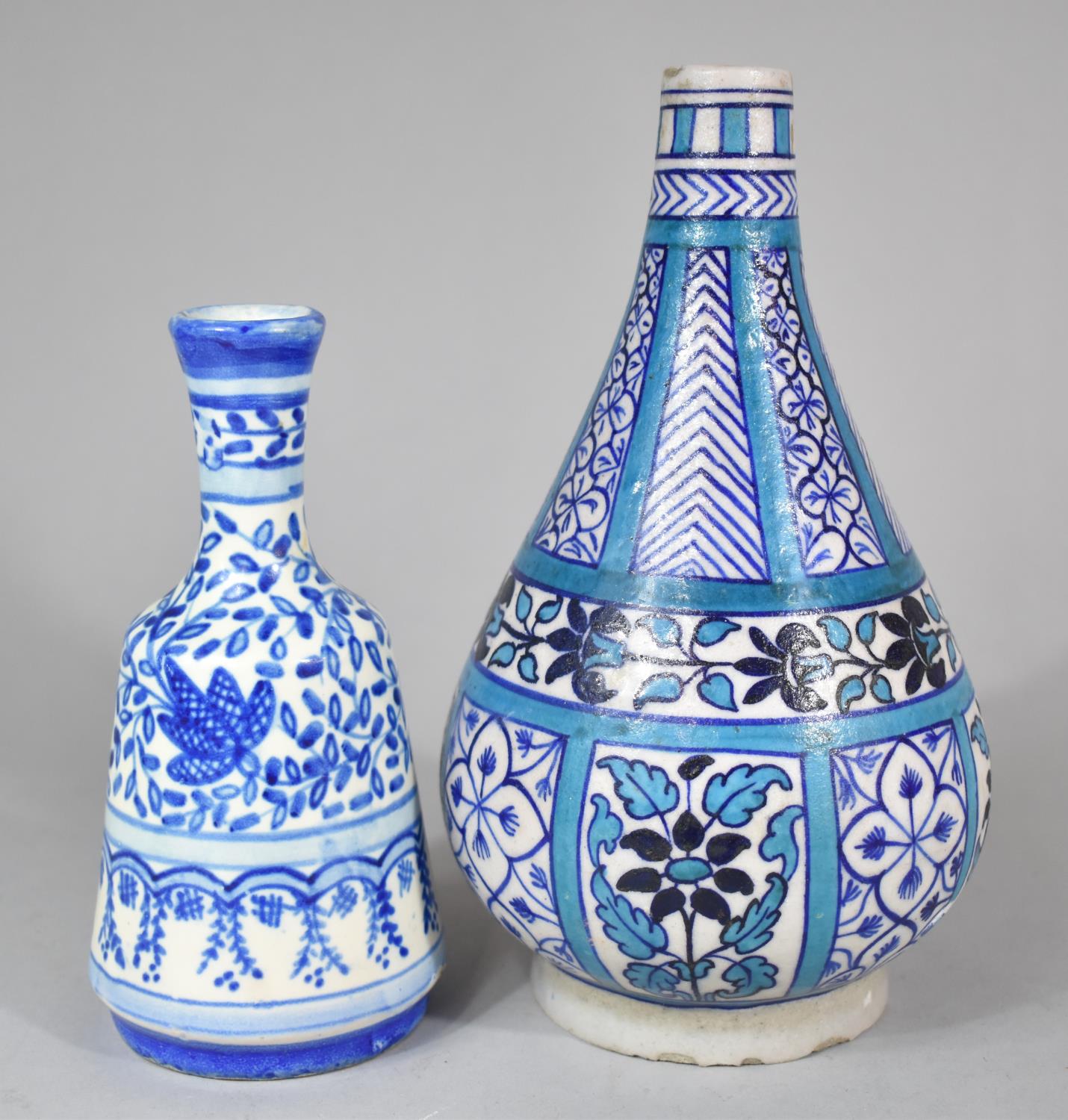 Two Glazed Continental Stoneware Blue and White Vases, Tallest 22cm high