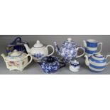 A Tray Containing Various Blue Glazed Ceramics to Include Cheese Dish and Cover, Five Teapots, TG