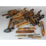 A Box of Vintage Carpentry Tools to include Brass Mounted Scribe, Various Planes, Mallets, Auger,