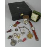 A Collection of Curios to Include Badges and Fobs, Wristwatch and Pocket Watch, Collar Studs