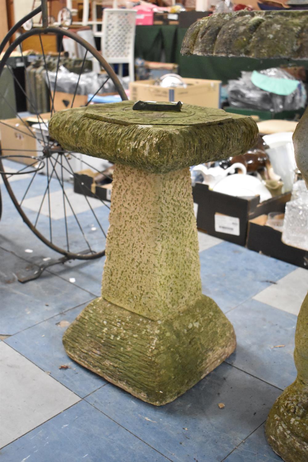 A Reconstituted Stone Garden Sundial on Plinth, Gnomon Broken, 30cm Square and 55cm high