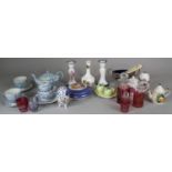 A Tray Containing Ceramics and Glassware to Include Tea for Two Set, Glass Scent Bottles, Part Cruet