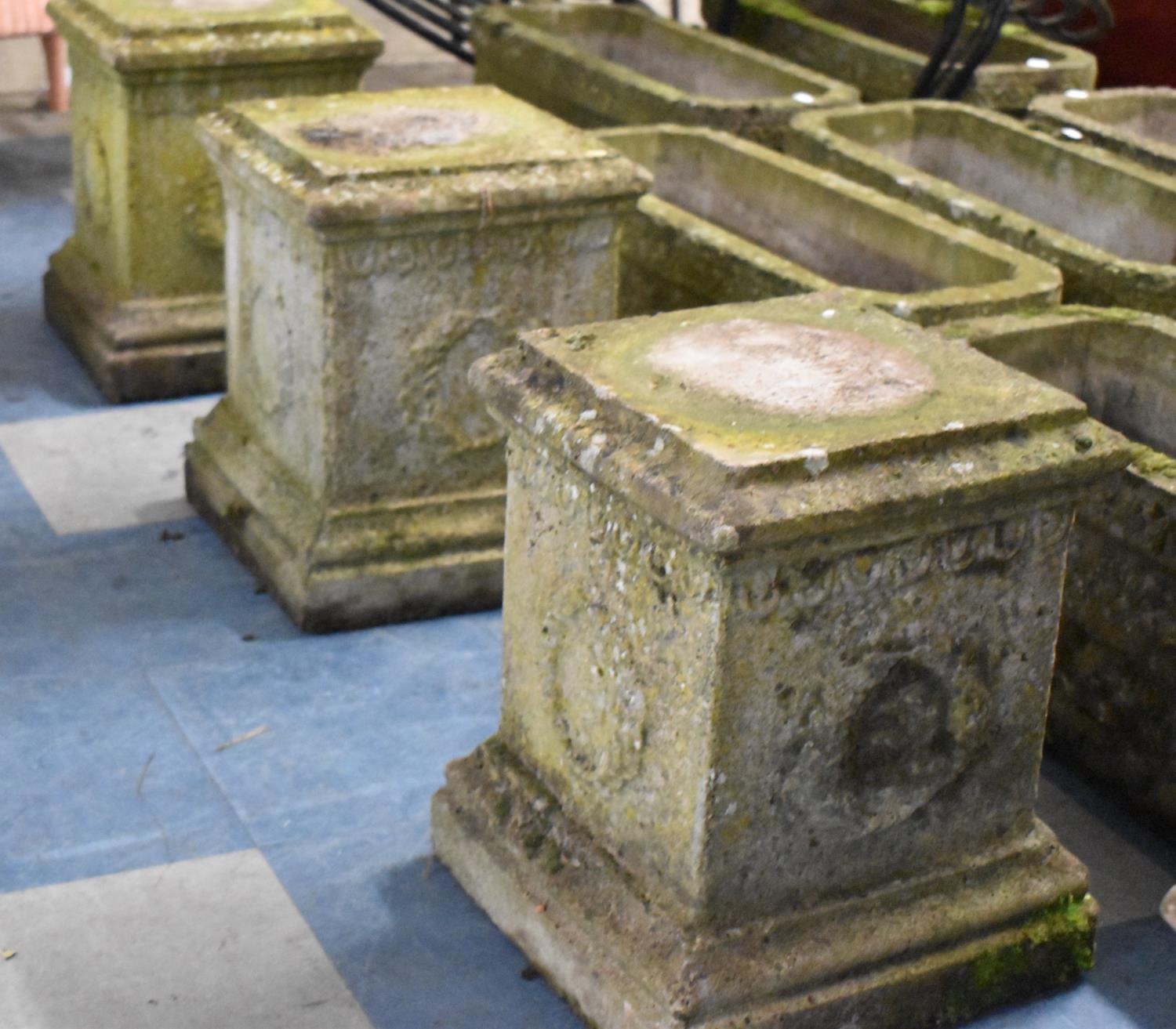 A Collection of Four Reconstituted Stone Garden Figure Plinths, Moulded Decoration, Each 31cm Square - Bild 2 aus 2